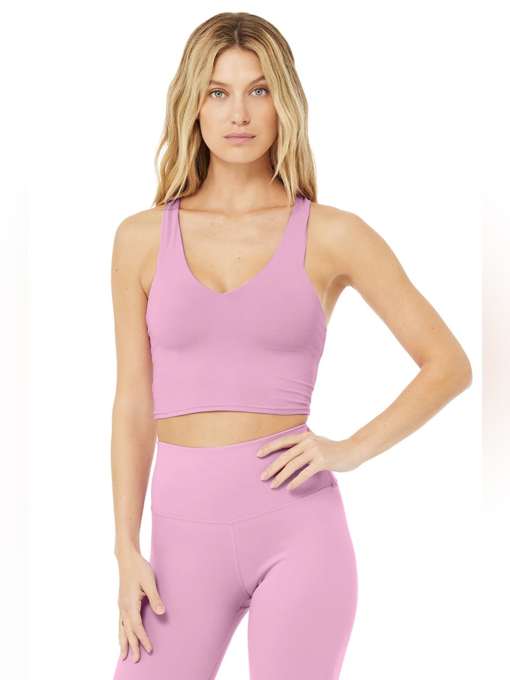 ALO Yoga Airbrush Real Bra Tank + High Waist Biker Short Set (Pink Lavender) (S)